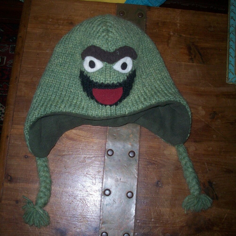 DELUX  Oskar the Grouch Hat with Ear Flaps Wool Blend Nepal Hat Handmade Knit M